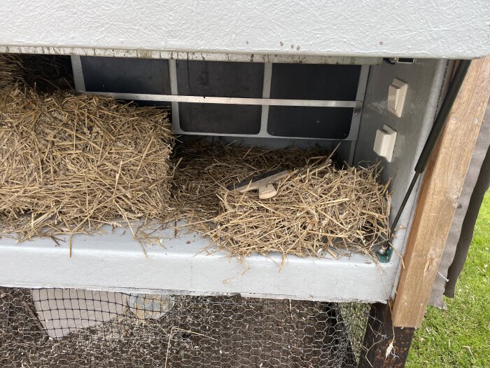 Hönshus under uppbyggnad med halm i botten och lampknappar på insidan.