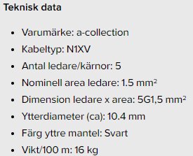 Teknisk data för kabeltypen N1XV, 5-ledare med 1.5 mm² area, ytterdiameter 10.4 mm, svart ytterhölje, vikt 16 kg per 100 meter.