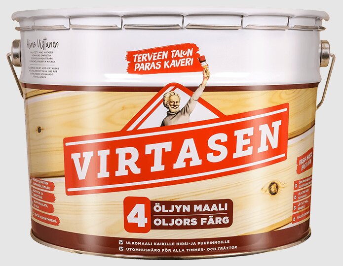 Burk med linoljebaserad färg från märket Virtasen, med etikett "4 Oljors Färg" och en illustration av en person som håller en pensel.