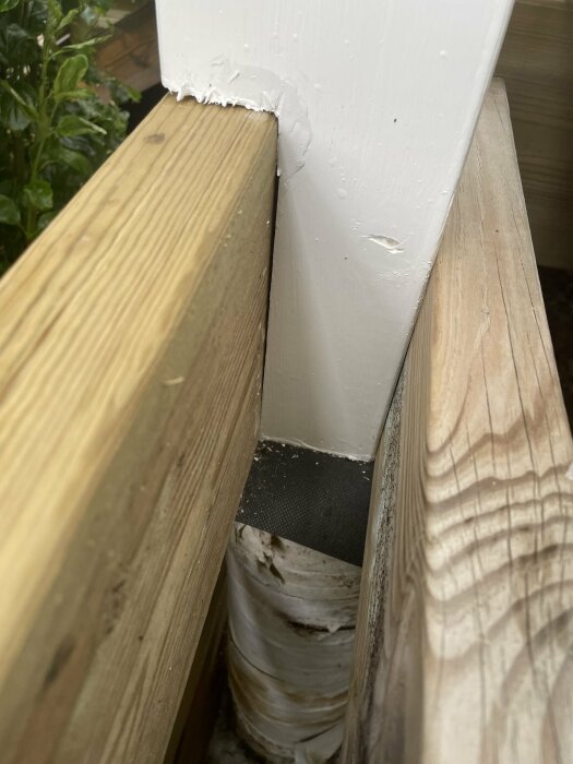 Vitmålad limträstolpe som vilar på en plint med takpapp emellan och stöds av en träbärlina.Närområde med växtlighet i bakgrunden.