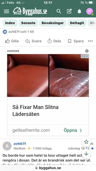 Annons som visar behandling av slitna lädersäten med före- och efterbild samt texten "Så Fixar Man Slitna Lädersäten" och webbadressen getleatherrite.com.