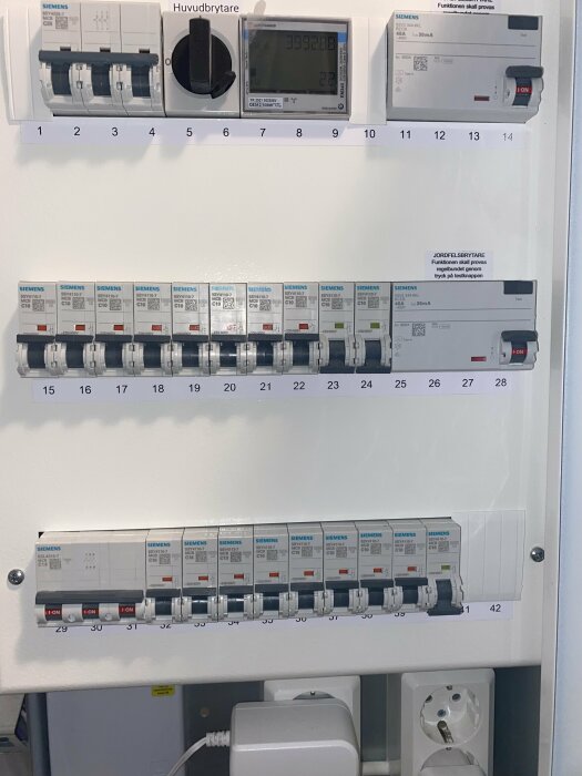 Elcentral med olika automatsäkringar, jordfelsbrytare och huvudbrytare. Varje säkring är märkt med Siemens och har olika amperetal. En eluttag syns nedanför.