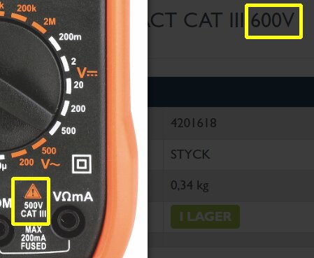 Närbild på multimeter som visar CAT III 500 V på instrumentet och motsvarande produktsida som visar CAT III 600 V.