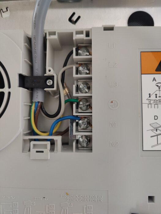 Elektrisk anslutning av en spishäll med anslutna kablar i terminaler märkta L1, L2, L3, N1 och N2.