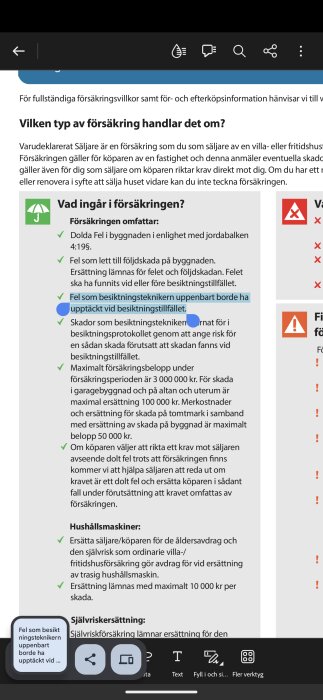 Skärmbild av information om försäkring, med rubriken "Vad ingår i försäkringen?" och en detaljerad lista över försäkringsomfattning.