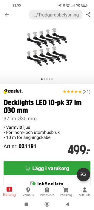 Decklights LED 10-pack, 37 lumen, 30 mm. För inom- och utomhusbruk, varmvitt ljus, med 10 meter förlängningskabel. Pris: 499 kronor.