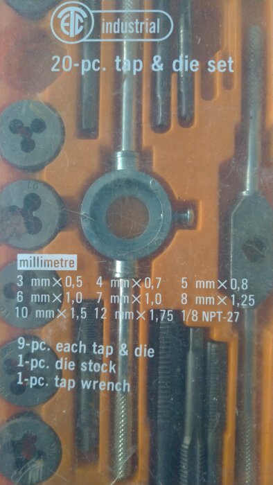 20-delars gängsnitt- och gängtappset från ETC industrial med olika storlekar gängtappar och gängsnitt i millimeter, inklusive 1/8 NPT-27.