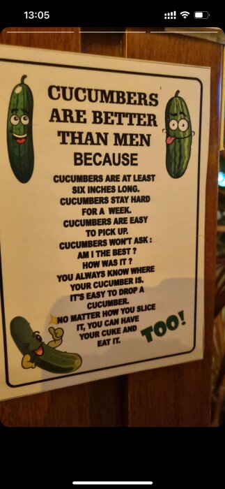 En affisch med texten "Cucumbers are better than men because" följt av olika påståenden om varför gurkor är bättre än män.