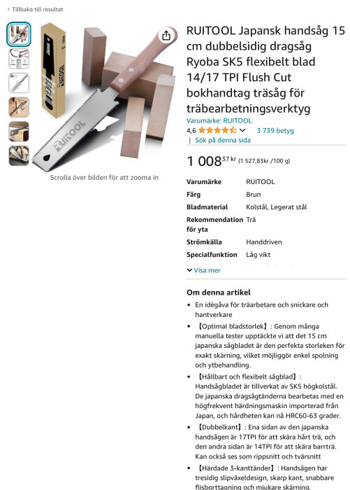 Produktbild av en japansk handsåg märkt RUITOOL, med flexibelt blad och trähandtag, omgiven av träblock. Produktbeskrivning och pris visas på sidan.