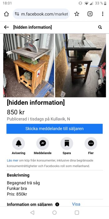 Begagnad Inca trä-såg till salu för 850 kr, visad på en träbänk i ett garage eller verkstad.