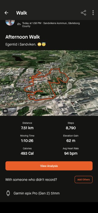 Bild av ett träningsspår från en eftermiddagspromenad i Sandviken med kartvy och statistik: 7,51 km, 1 timme 10 minuter, 8 790 steg, 62 m höjd.