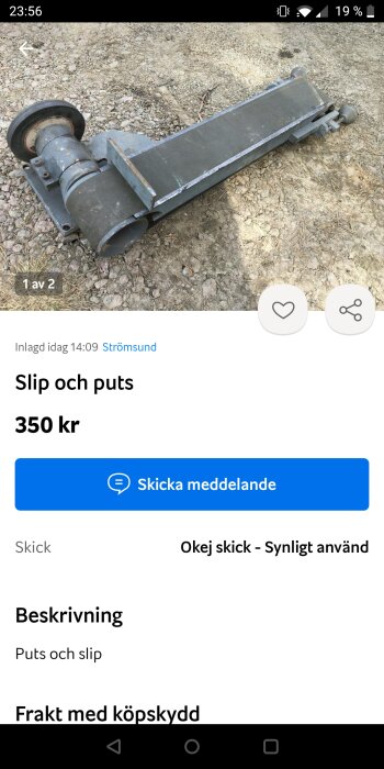 Bild på en begagnad slip- och putsutrustning som är till salu för 350 kr. Verktyget ligger på grus och visas i en onlineannons.