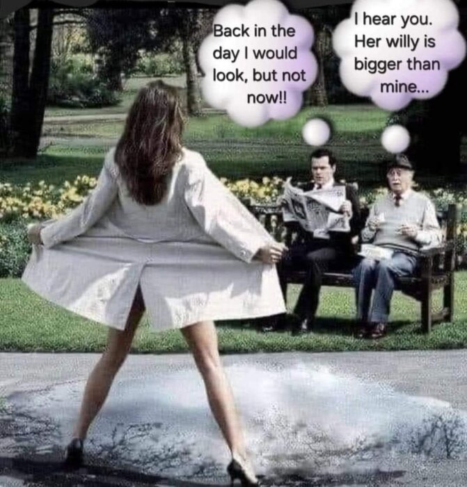 Kvinna blottar sig i park för två män som sitter på en bänk, med varsin pratbubbla över sig som kommenterar situationen humoristiskt.