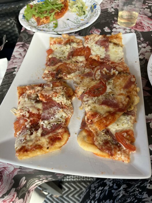 Hemmabakade pizzabitar med tomatsås, ost, skinka, salami och tomatskivor på vit rektangulär tallrik, med tallrik innehållande sallad i bakgrunden.