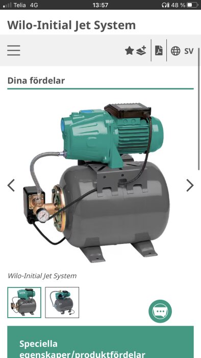 Bild av Wilo-Initial Jet System pump, med blågrön motor och grå trycktank, troligtvis används i en vattenförsörjningsinstallation.