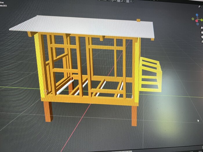 Digital 3D-modell av en husstomme skapad i Blender, med träreglar och takstomme, sett från sidan ovanifrån.