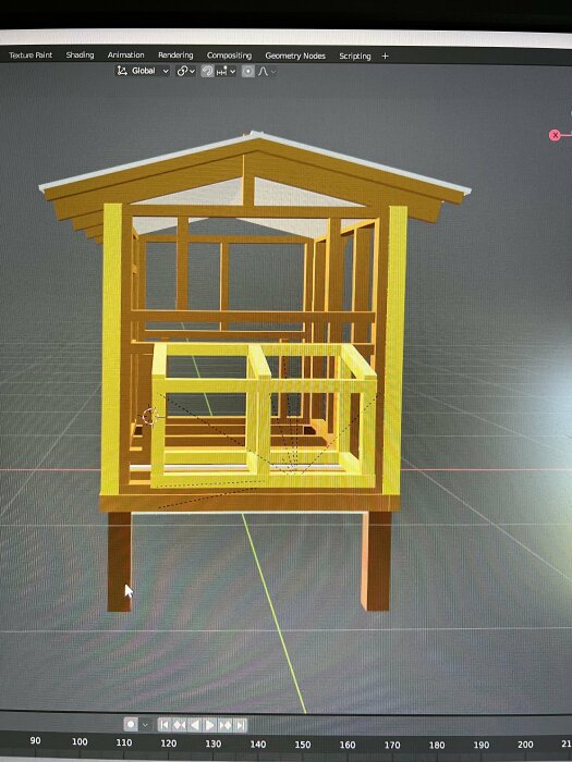 3D-modell av byggnadens stomme, designad i Blender, som visar reglar och mått för inköp och sågning. Skiss som ger en detaljerad överblick av projektets grunder.