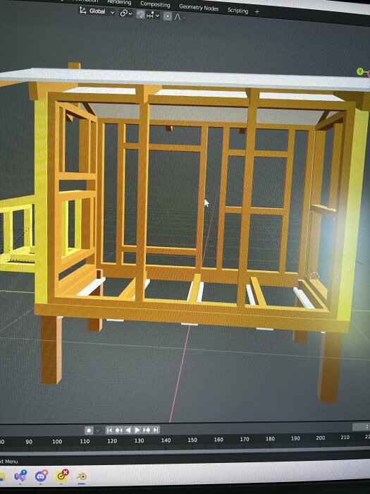 3D-modell av en stomme i designprogrammet Blender, som visar mått och reglar för ett byggprojekt.