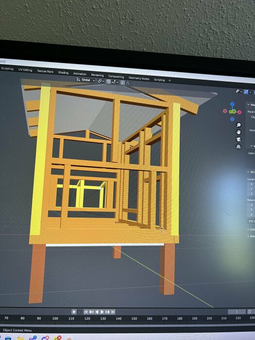 3D-modell av ett byggprojekt designad i Blender som visar stommen av en byggnad, med olika dimensioner och placering av reglar.