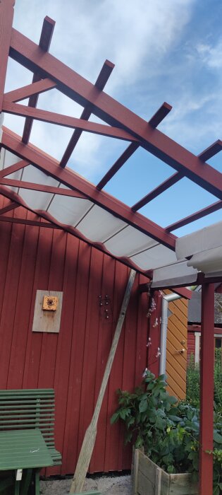 Pergola med röd träkonstruktion och fastsatt vit duk, sett mot en klarblå himmel. Röd husvägg och grön bänk i förgrunden.