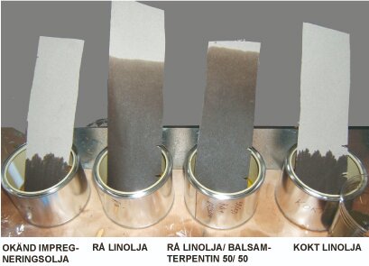 Fyra glas med etiketter: Okänd impregneringsolja, Rå linolja, Rå linolja/Balsamterpentin 50/50, Kokt linolja. Varje glas innehåller en pappersremsa nedsänkt i vätskan.