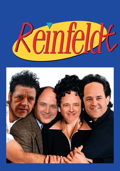 En parodibild där fyra personer med kända ansikten står tätt tillsammans under en logotyp som liknar "Seinfeld", men med texten "Reinfeldt".
