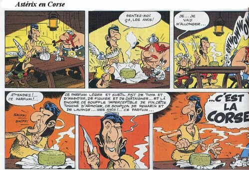 Serie från "Asterix en Corse" där karaktärerna undersöker en starkt doftande ost. Asterix och Obelix sitter vid bordet medan en annan karaktär sniffar osten.