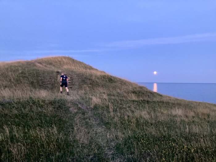 Person som promenerar uppför en grästäckt kulle vid skymning med havet i bakgrunden och en reflekterande måne på himlen.