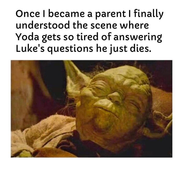 Yoda som ser trött ut med en text ovanför som säger "Once I became a parent I finally understood the scene where Yoda gets so tired of answering Luke's questions he just dies.