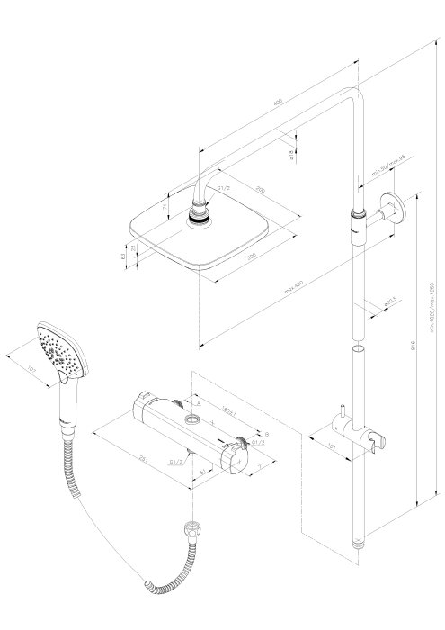 Teknisk ritning av duschen Damixa Pine 160cc med detaljerade mått och specifikationer för installation inklusive duschhuvud, blandare och väggfäste.