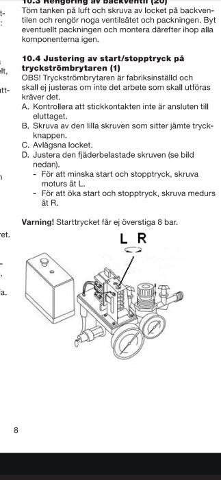 Diagram från en manual som beskriver justering av start- och stopptryck på en tryckströmbrytare med instruktioner och en illustration av justerskruven.