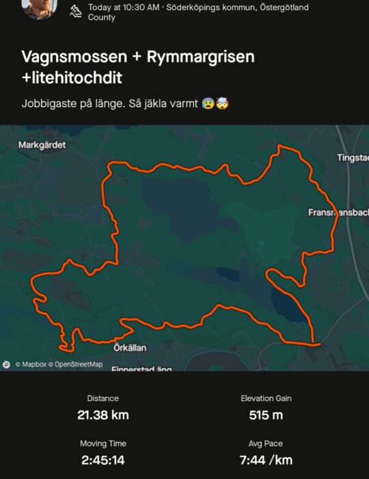 Karta över en löprunda på 21,38 km med start och mål i Söderköpings kommun, Östergötland, inklusive data om distans, stigning, rörelsetid och genomsnittligt tempo.