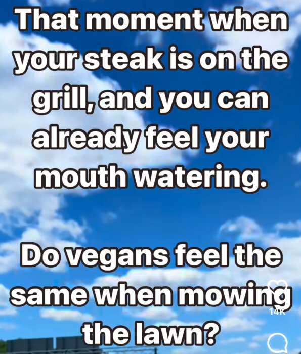 Text mot blå himmel som säger: "That moment when your steak is on the grill, and you can already feel your mouth watering. Do vegans feel the same when mowing the lawn?