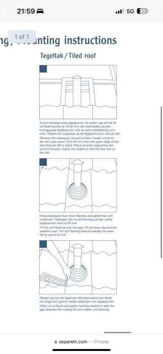 Monteringsanvisning för Separett takstos på tegeltak, som visar steg-för-steg hur man installerar takstos över ventilationsrör med textbeskrivningar på svenska och engelska.