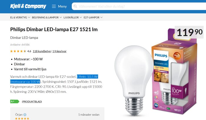 Produktbild från Kjell & Company som visar en dimbar LED-lampa från Philips med 10,5 W effekt, motsvarande 100 W, med en ljusflöde på 1521 lumen.