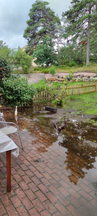 Vattensamling på en trädgård med stengång efter regn, inhägnad av ett trästaket och omgiven av skog. Plaststol, sprejflaska och planteringskruka på gångvägen.