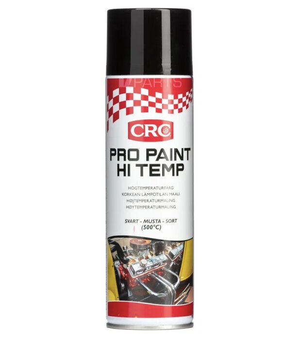 Sprejburk med röd och vit etikett märkt "CRC Pro Paint Hi Temp". Texten anger att färgen är svart och tål temperaturer upp till 500°C.