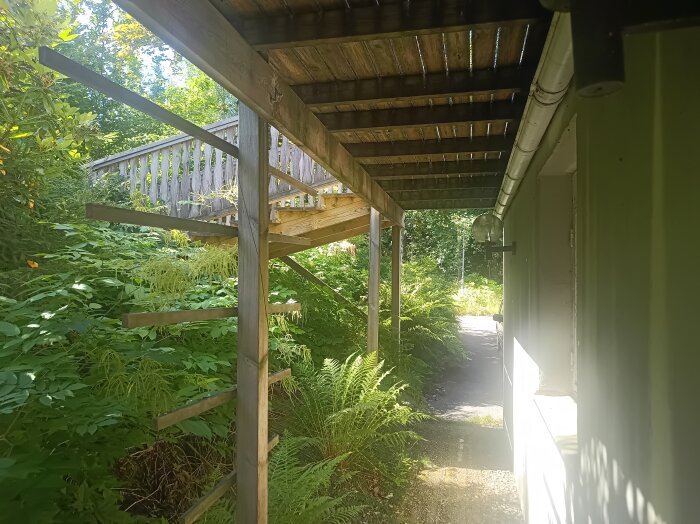 Altanen vid sidan av ett garagedörr, med en träbro ovanför som leder upp till en högre altan. Grönska omger strukturen, som delvis är skuggad.