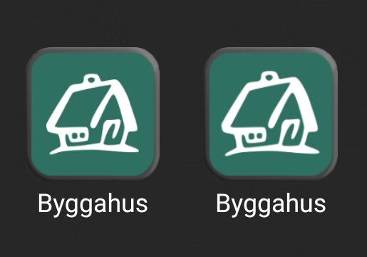 Två ikoner för Byggahus-appen på Android, där båda ikonerna visar en stiliserad vit husritning på grön bakgrund.