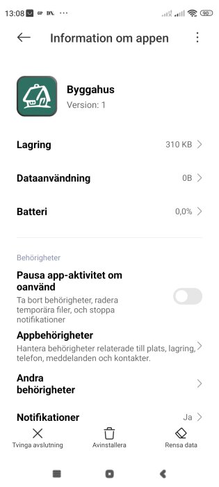 Skärmdump av appinformation för appen "Byggahus" som visar appversion 1, lagring 310 KB, dataanvändning 0B, batteri 0%, och tillgängliga behörigheter.