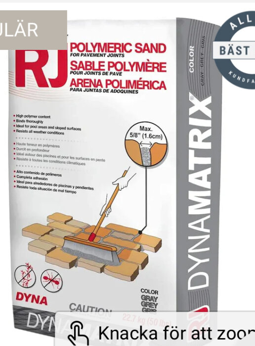 Förpackning av Dynamatrix polymeriskt sand för fogning av stenläggning, med instruktioner och illustrationer på framsidan.