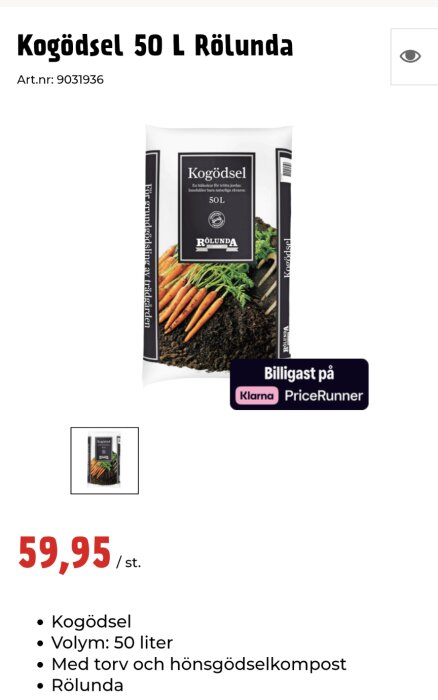 Förpackning av Rölunda kogödsel 50L. Innehåller torv och hönsgödselkompost. Pris 59,95 kr. Text "Billigast på PriceRunner". Art.nr 9031936.