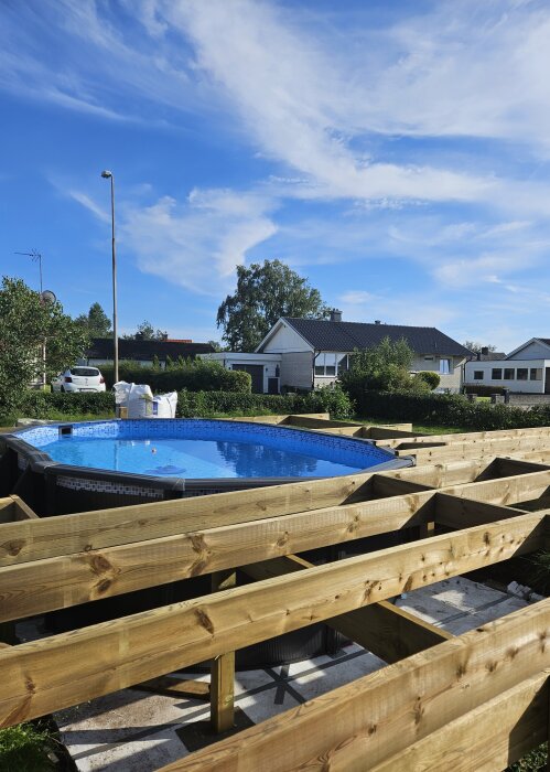 Oval pool med reglar monterade ovanför sargen i en trädgård. Solig dag med blå himmel och ett hus i bakgrunden.