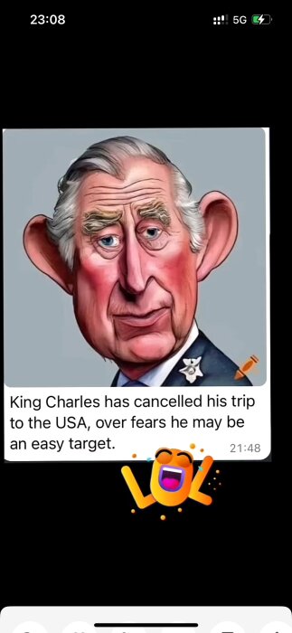 Karikatyrbild föreställande kung Charles med stora öron, tillsammans med text som säger att han ställer in sin resa till USA på grund av säkerhetsrisker.