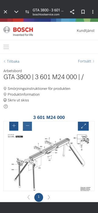 Ritning av arbetsbord Bosch GTA 3800, med artikelnummer 3 601 M24 000, från Bosch verktygsservicesida, samt produktlänkar och instruktioner.