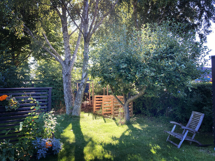 En grönskande trädgård med stora träd, en träkompostlåda och en ensam trädgårdsstol. I förgrunden syns en blomsterplantering och en del av ett trästaket.