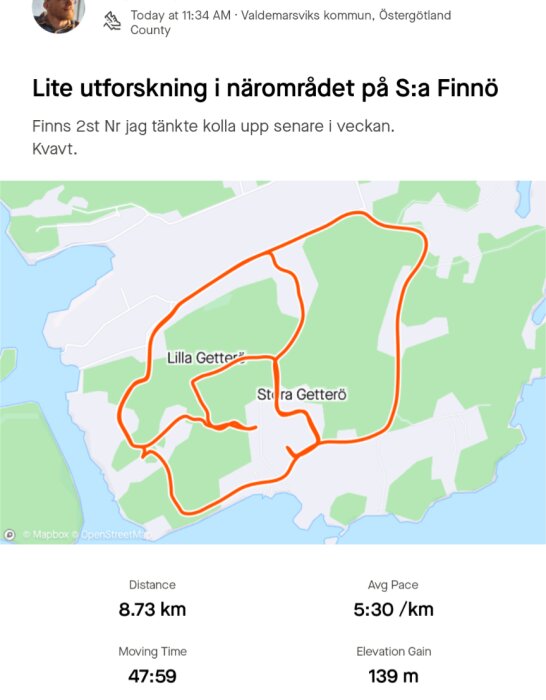 Karta över en utforskad rutt på S:a Finnö, inklusive Lilla Getterö och Stora Getterö, med en distans på 8,73 km och en höjdökning på 139 m.