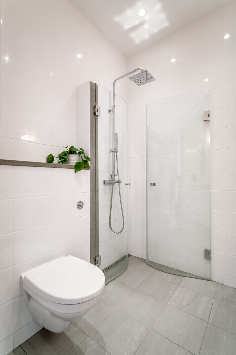Modern vitkaklat badrum med duschkabin, vägghängd toalett och en grön växt på en hylla.