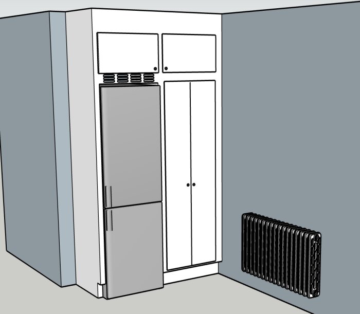 Illustration av en kökslayout med ett kyl/frys-skåp som lyfts upp 20 cm från golvet, omgiven av vita skåp. En radiator syns på högra sidan av skåpet.