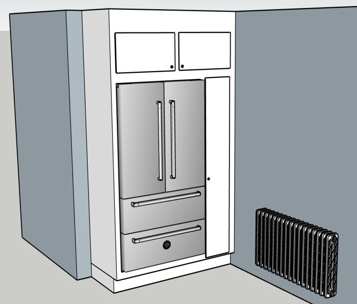 3D-ritning av ett kök med ett kylskåp med fransk dörr upphöjt med 20 cm reglar, intill ett smalare skåp och en radiator till höger.